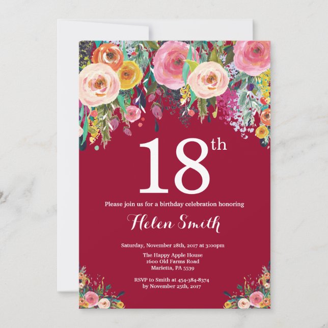 Burgundy Floral 18th Birthday Invitation (Front)