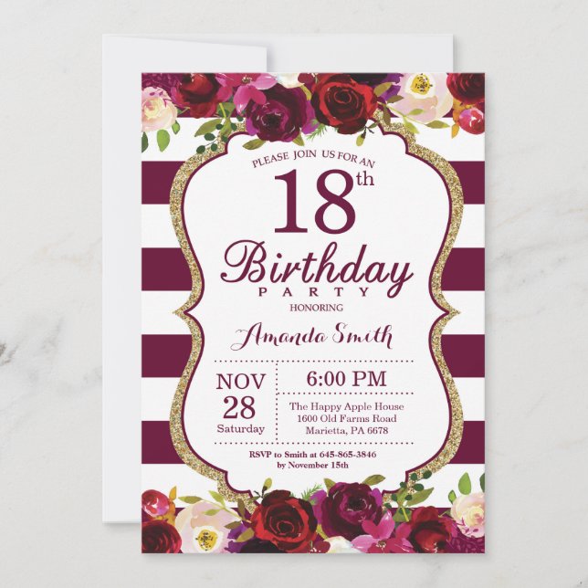 Burgundy Floral 18th Birthday Party Invitation (Front)
