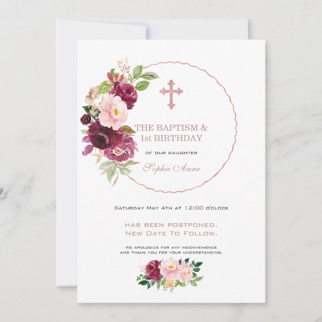 Burgundy Floral 1st Birthday & Baptism Postponed Invitation (Front)