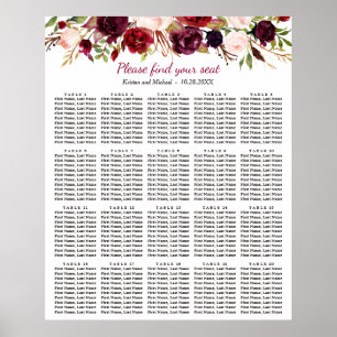Burgundy Floral 20 Tables Mariage Tableau de siège
