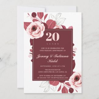Burgundy Floral 20th wedding anniversary  Invitation