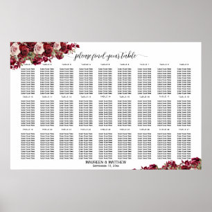 Burgundy Floral 27 Tables Wedding Seating Poster