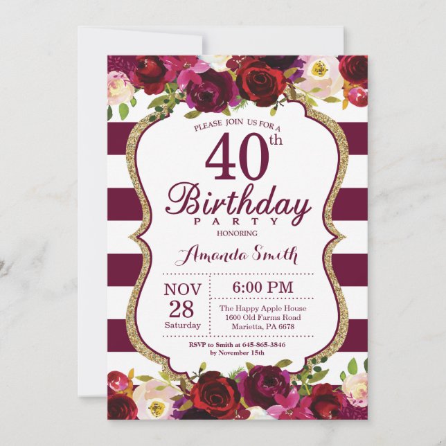 Burgundy Floral 40th Birthday Party Invitation (Front)
