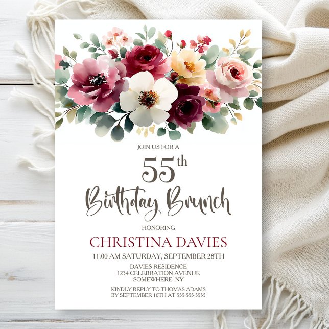 Burgundy Floral 55th Birthday Brunch Invitation (Creator Uploaded)