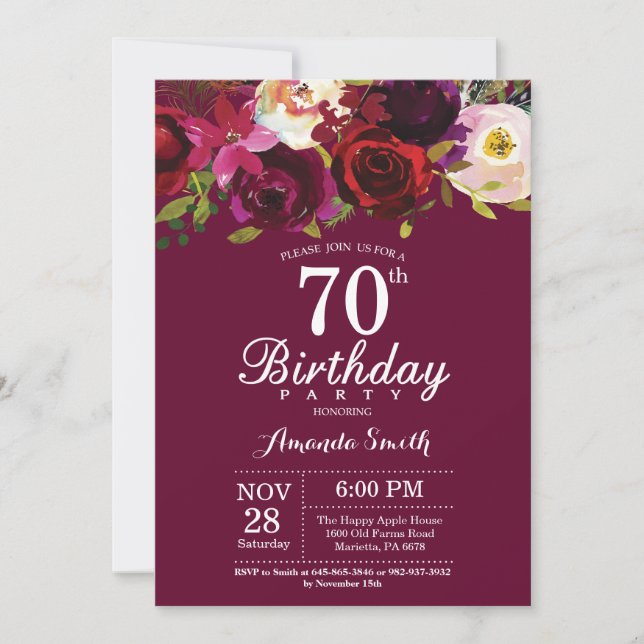 Burgundy Floral 70th Birthday Party Invitation (Front)