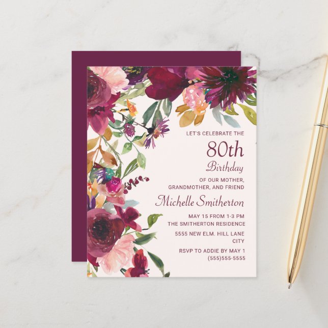 Burgundy Floral 80th Birthday Grandmother (Front/Back In Situ)