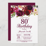 Burgundy Floral 80th Birthday Party Invitation<br><div class="desc">Burgundy Floral 80th Birthday Party Invitation for women. Burgundy Red Birthday Party Invite. Burgundy Watercolor Floral Flower. 13th 16th 18th 20th 21st 30th 40th 50th 60th 70th 80th 90th 100th, Any Ages. Printable Digital. For further customization, please click the "Customize it" button and use our design tool to modify this...</div>
