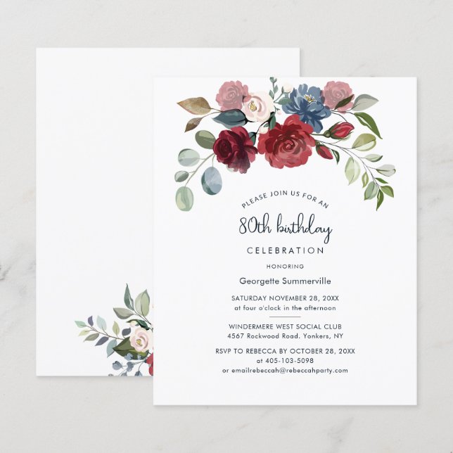 Burgundy Floral 80th Birthday Party Invitation (Front/Back)
