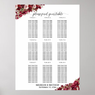 Burgundy Floral 9 Tables Wedding Seating Poster