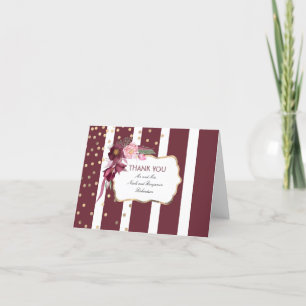 Burgundy Floral and Gold Confetti Dots Thank You Card