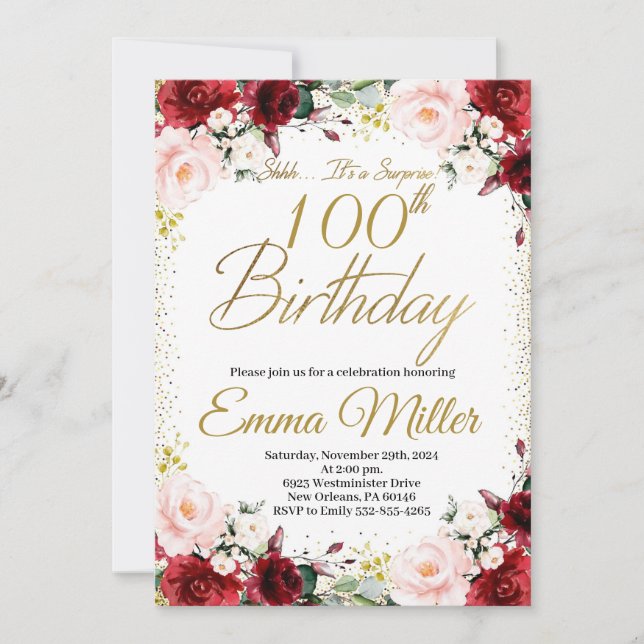 Burgundy Floral and Gold Surprise 100th Birthday Invitation (Front)