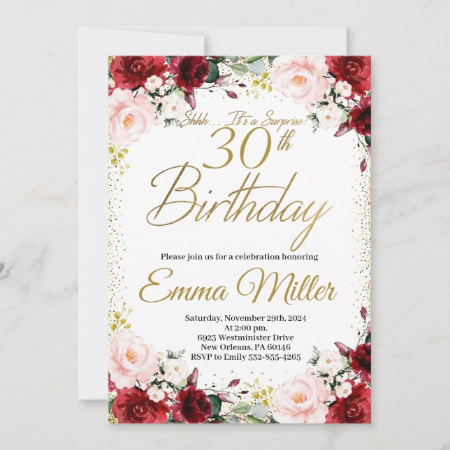 Burgundy Floral and Gold Surprise 30th Birthday Invitation (Front)