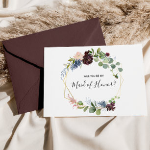 Burgundy Floral and Greenery Maid of Honour Invitation Postcard