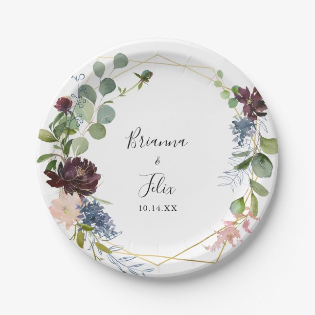 Burgundy Floral and Greenery Wedding Cake Paper Plate (Front)
