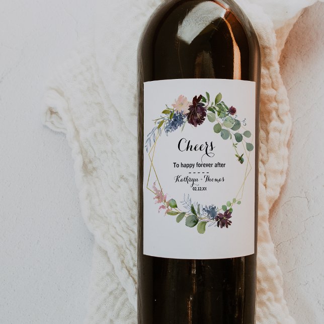 Burgundy Floral and Greenery Wedding Wine Labels (Creator Uploaded)
