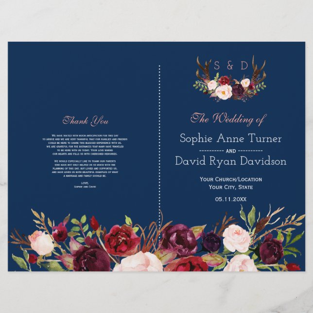 Burgundy Floral Antlers Blue Wedding Program (Front)