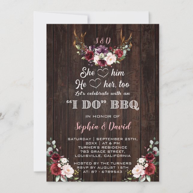 Burgundy Floral Antlers I DO BBQ Engagement Invitation (Front)