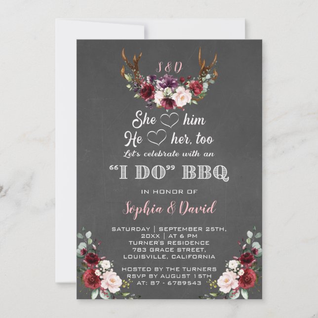 Burgundy Floral Antlers I DO BBQ Engagement Invitation (Front)