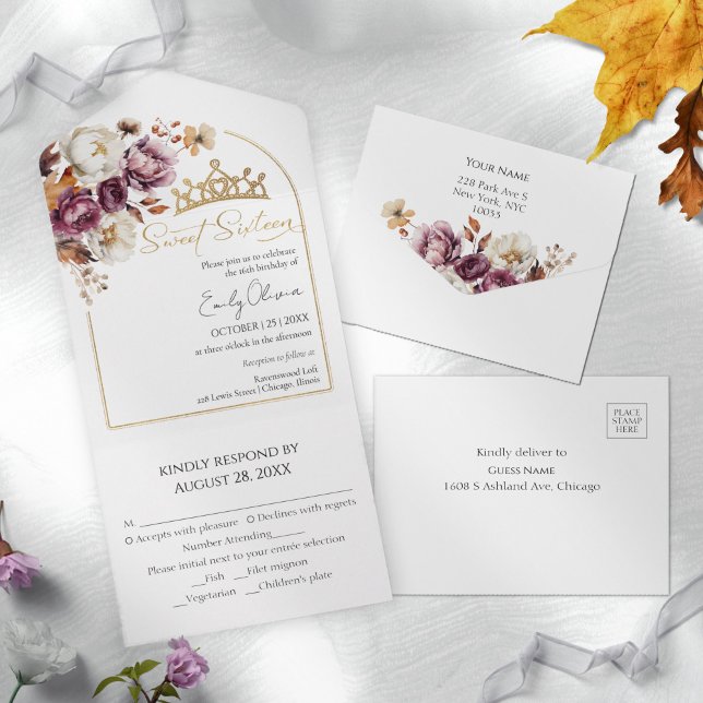 Burgundy Floral Arch Fall Sweet 16 All In One Invitation (Creator Uploaded)