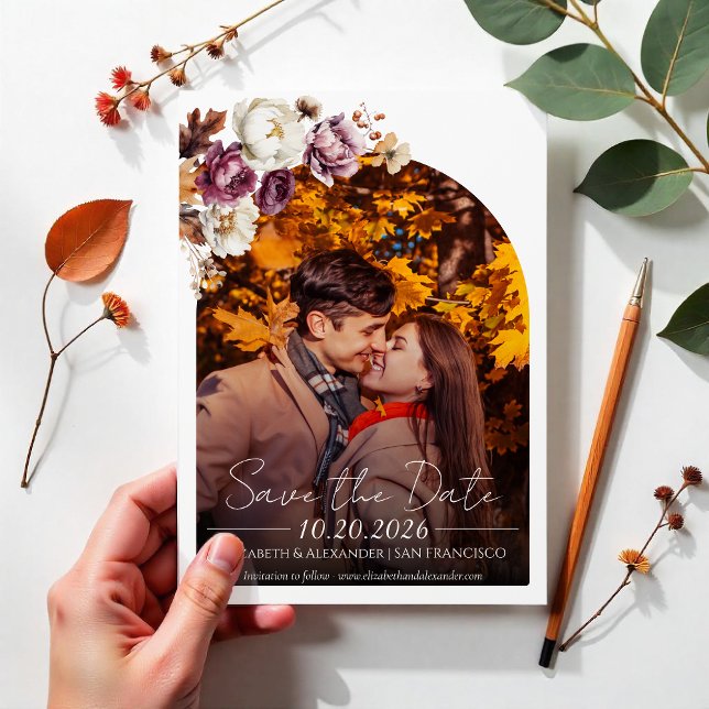 Burgundy Floral Arch Photo Wedding Save the Date Invitation (Creator Uploaded)