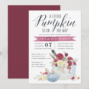Burgundy Floral & Autumn Pumpkin Baby Shower Invitation