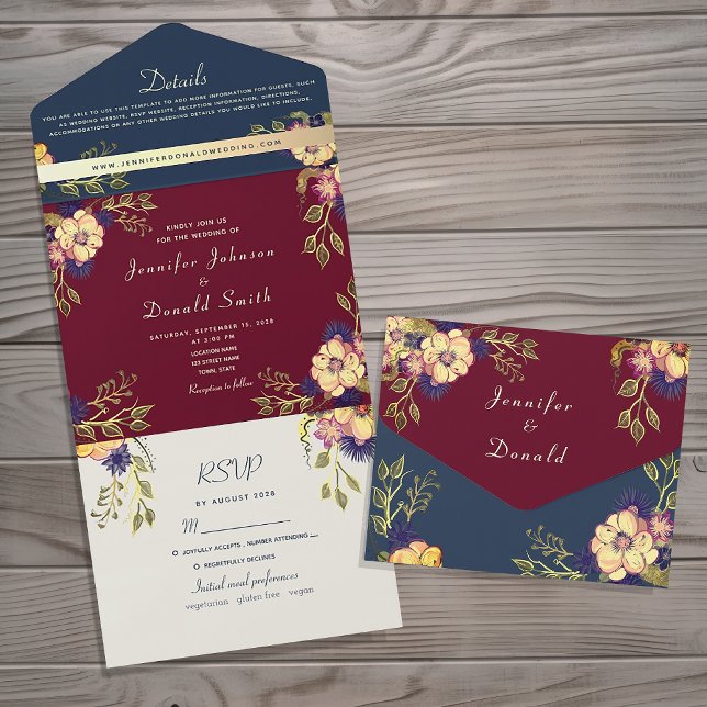 Burgundy Floral Autumn Wedding All In One Invitation (Creator Uploaded)