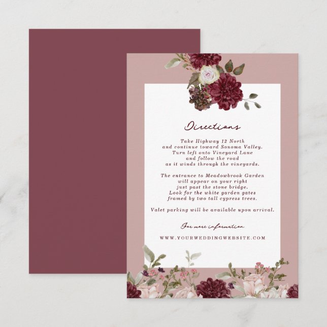 Burgundy Floral Autumn Wedding Directions Card (Front/Back)