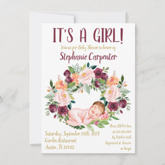 Burgundy Floral Baby Girl Invitation