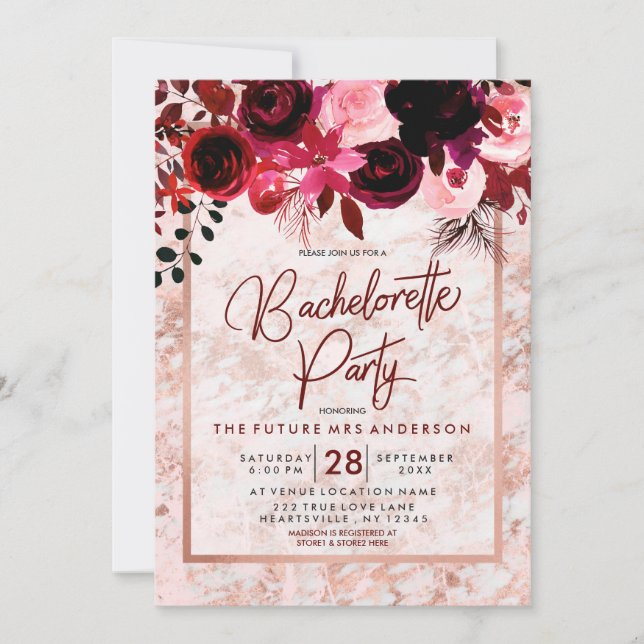Burgundy Floral Bachelorette Party Invitation (Front)