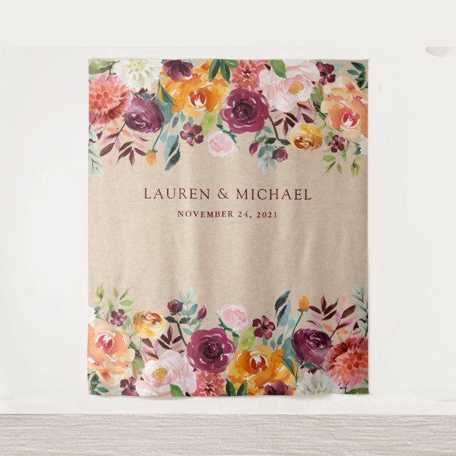 Burgundy Floral Backdrop | Rustic Photo Booth Prop Tapestry (Front)