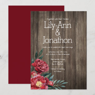 Burgundy Floral Barn Wood Rustic Wedding Invitation
