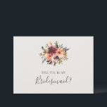 Burgundy Floral | Beige Bridesmaid Proposal Card<br><div class="desc">This burgundy floral | beige bridesmaid proposal card is perfect for your rustic boho blush, dark green, and gold garden wedding. Design features a wreath or bouquet of minimalist watercolor peach, dusty rose, purple, and light pink florals along with copper, evergreen, yellow, and rust-coloured greenery. The flowers in this design...</div>