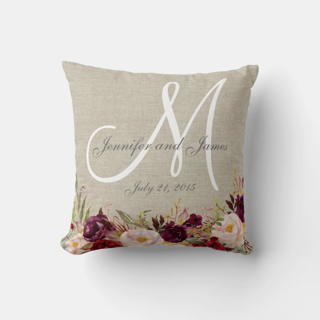 Burgundy Floral Beige Linen Monogram Wedding Throw Pillow (Front)