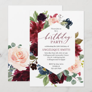 Burgundy Floral Birthday Invitation Adult