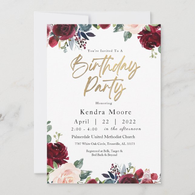 Burgundy Floral Birthday Party Invitation (Front)