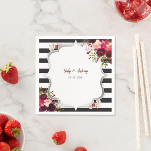 Burgundy Floral Black and White Stripes Wedding Napkin