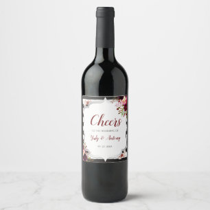 Burgundy Floral Black and White Stripes Wedding Wine Label