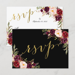 Burgundy Floral Black Faux Gold Foil Wedding RSVP Invitation