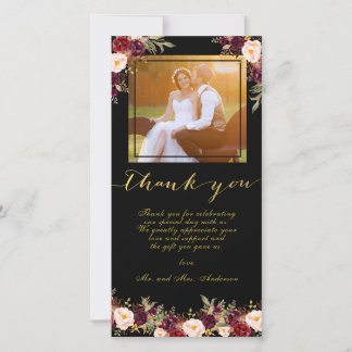 Burgundy Floral Black Gold Photo Wedding Thank You Card