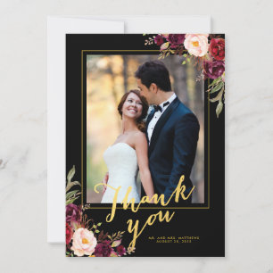 Burgundy Floral Black Gold Script Wedding Photo Thank You Card