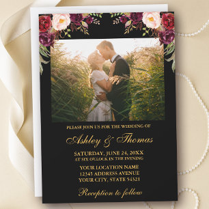 Burgundy Floral Black Gold Wedding Photo Invitation