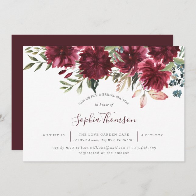 Burgundy Floral Bloom  Bridal Shower Invite (Front/Back)
