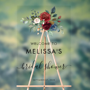 Burgundy Floral Bloom Script Bridal Shower Acrylic Sign
