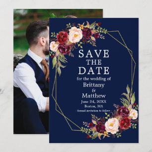 Burgundy Floral Blue Gold Geo Frame Photo Save The Date