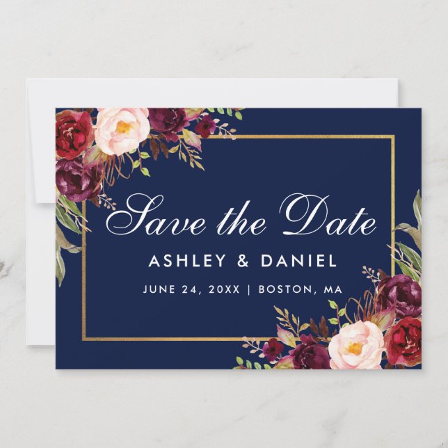 Burgundy Floral Blue Gold Save The Date (Front)
