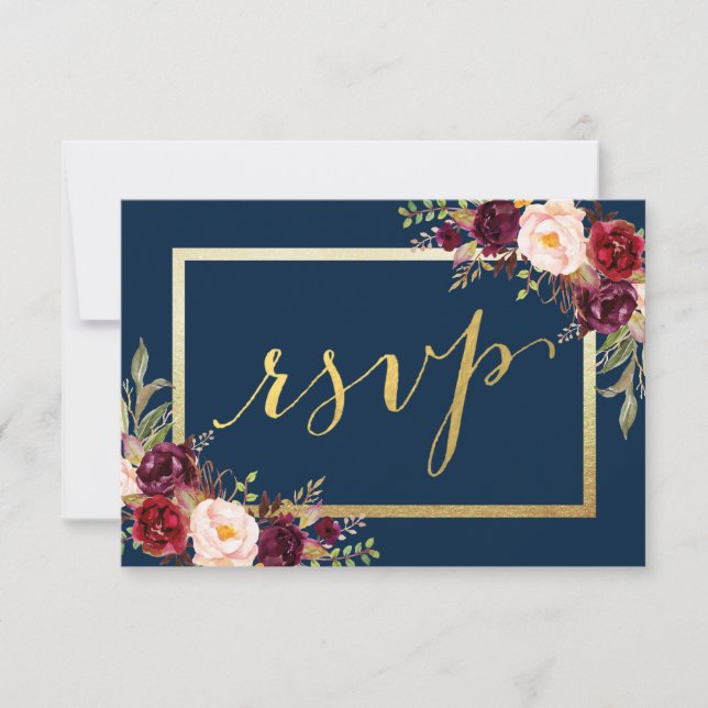 Burgundy Floral Blue Gold Script Wedding RSVP Card (Front)