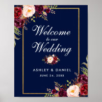 Burgundy Floral Blue Gold Wedding Welcome