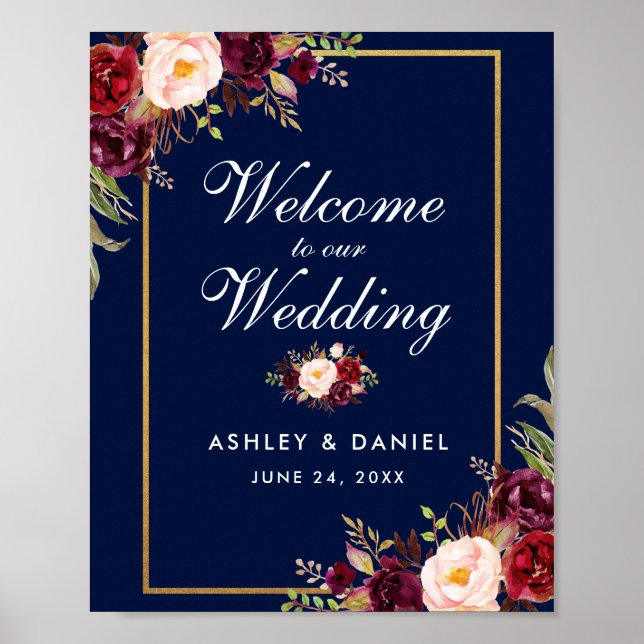 Burgundy Floral Blue Gold Wedding Welcome Poster (Front)