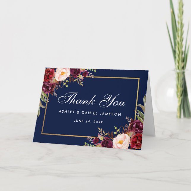 Burgundy Floral Blue Mariage Merci carte pliée (Devant)