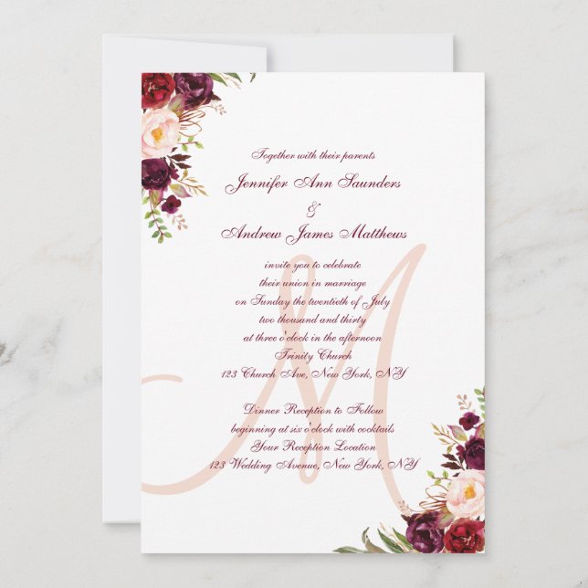 Burgundy Floral Blush Monogram Elegant Wedding Invitation (Back)